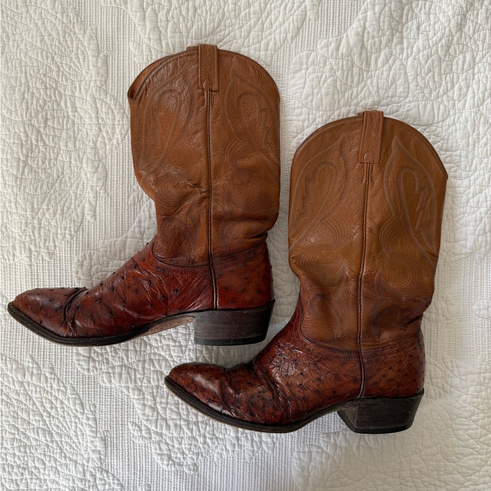 J. Chisholm Ostrich Leather Pointed Toe Cowboy Boots Men’s Size 9